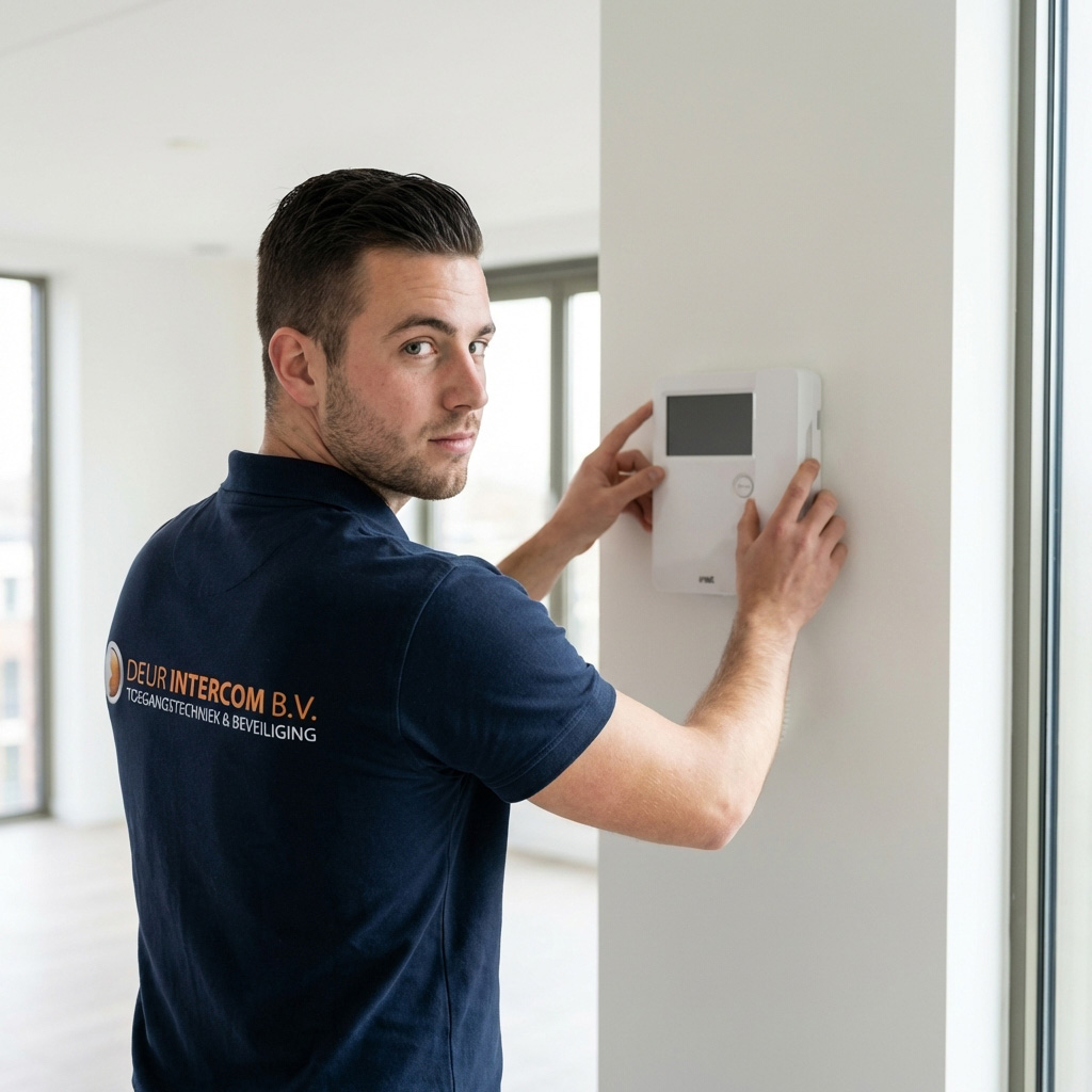 Monteur van Deurintercom B.V. installeert een Urmet intercom binnen in een woning