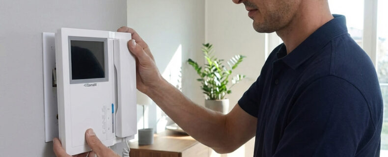 Monteur monteert en bevestigt een witte Comelit Genius video-intercom binnenunit aan de muur in een modern appartement.