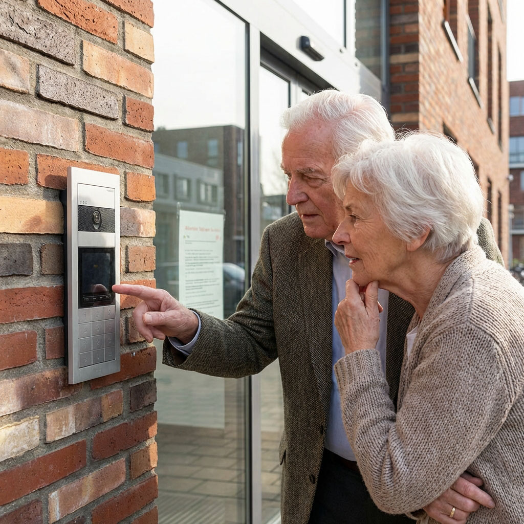 Een oudere man en vrouw staan buiten bij de ingang van een modern appartementencomplex. Ze kijken aandachtig naar een metalen video-intercom die in een bakstenen muur is gemonteerd. De man wijst met zijn vinger naar het touchscreen of de belknoppen van het intercomsysteem, terwijl de vrouw met haar hand onder haar kin toekijkt. Op de achtergrond is een glazen toegangsdeur en een deel van het gebouw zichtbaar. Het intercompaneel heeft een camera bovenaan, een scherm in het midden en een numeriek toetsenblok onderaan.