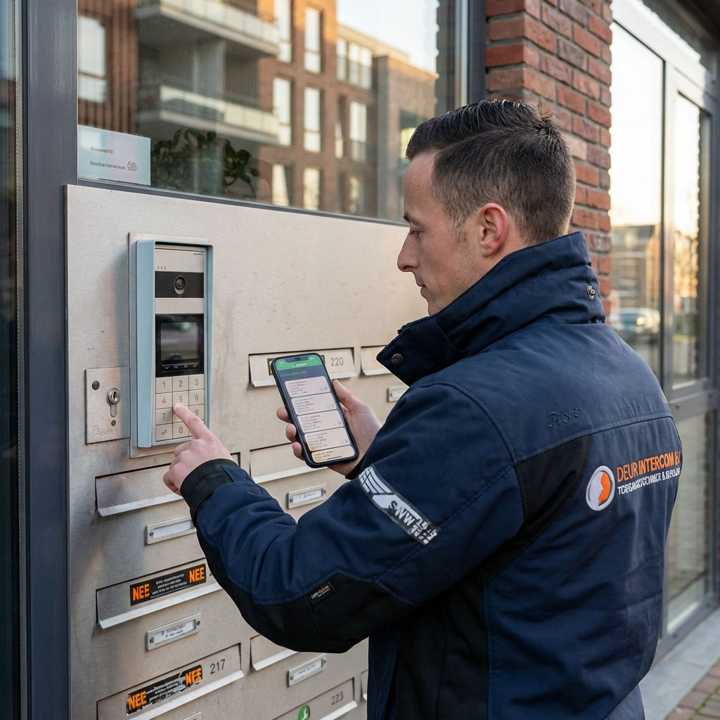 Monteur in een donkerblauwe jas met “Deurintercom” op de rug bedient een intercompaneel met camera en cijferklavier bij de entree van een appartementencomplex, terwijl hij in zijn andere hand een smartphone met meldingen vasthoudt. Op de achtergrond zijn bakstenen gevels en brievenbussen zichtbaar.