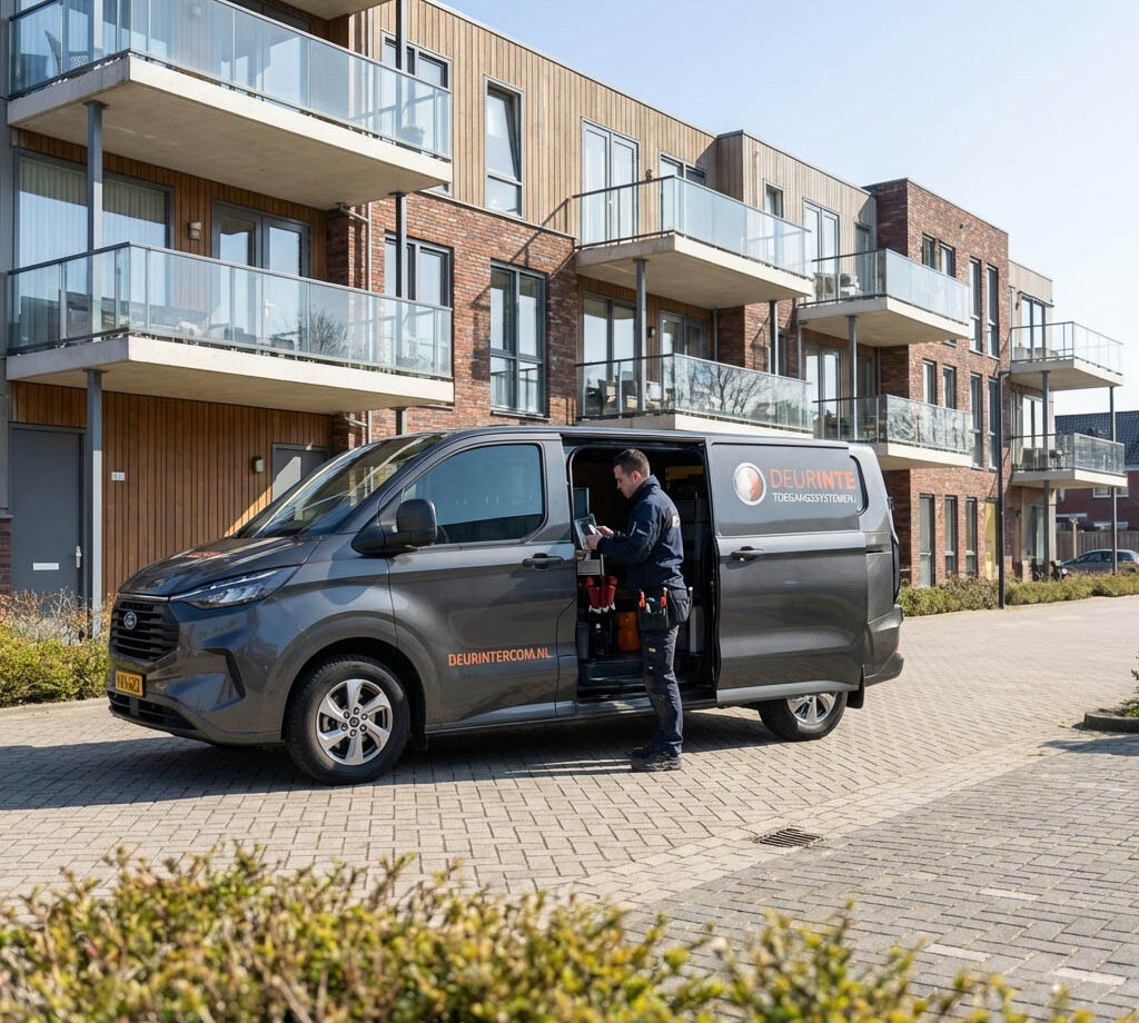 monteur van Deurintercom B.V. arriveert bij appartementencomplex voor storing aan intercomsysteem